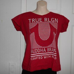 TRUE RELIGION BUDDHA BRAND HORSESHOE LOGO RED COTTON T-SHIRT DESIGNER BRAND VINT